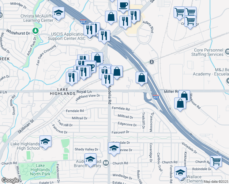 map of restaurants, bars, coffee shops, grocery stores, and more near 9815 Royal Lane in Dallas