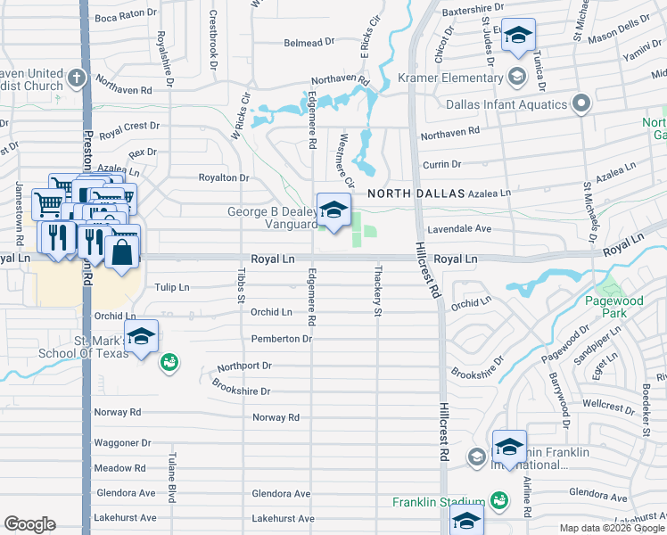 map of restaurants, bars, coffee shops, grocery stores, and more near 6501 Royal Lane in Dallas