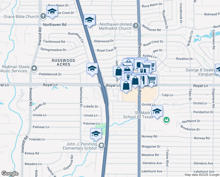 map of restaurants, bars, coffee shops, grocery stores, and more near 5815 Royal Lane in Dallas