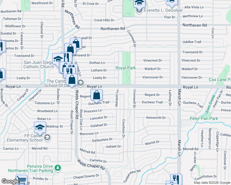 map of restaurants, bars, coffee shops, grocery stores, and more near 3346 Royal Lane in Dallas