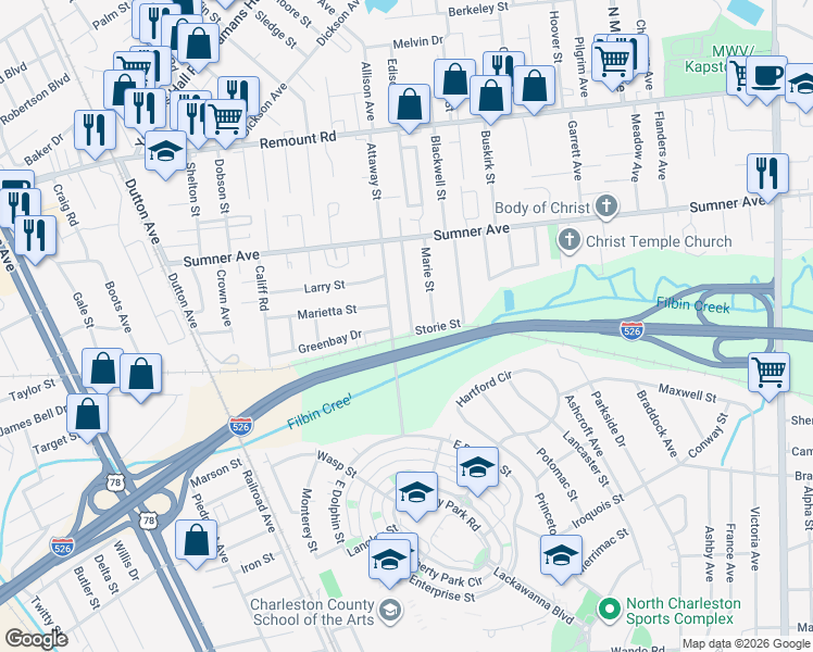 map of restaurants, bars, coffee shops, grocery stores, and more near 1509 Marietta Street in North Charleston
