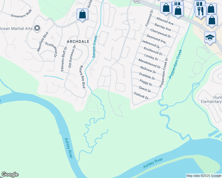 map of restaurants, bars, coffee shops, grocery stores, and more near 7838 Park Gate Drive in North Charleston