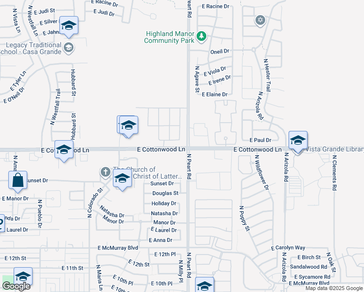 map of restaurants, bars, coffee shops, grocery stores, and more near 1491 East Cottonwood Lane in Casa Grande
