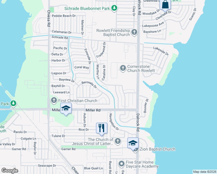 map of restaurants, bars, coffee shops, grocery stores, and more near 8213 Martha Lane in Rowlett