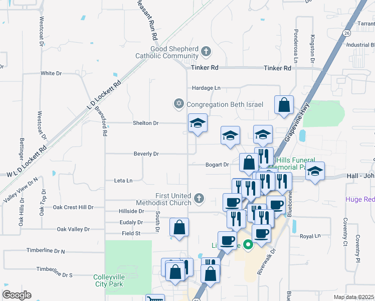 map of restaurants, bars, coffee shops, grocery stores, and more near 5911 Pleasant Run Road in Colleyville