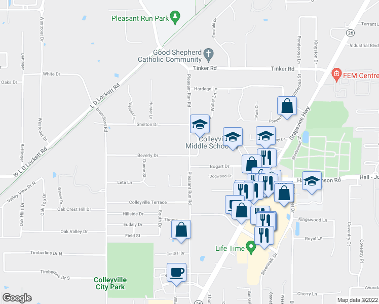 map of restaurants, bars, coffee shops, grocery stores, and more near 5911 Pleasant Run Road in Colleyville