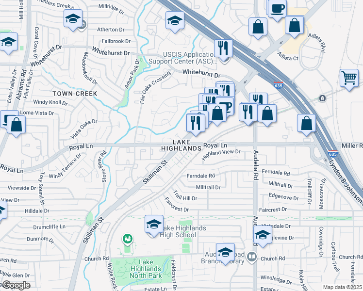 map of restaurants, bars, coffee shops, grocery stores, and more near Royal Ln & Skillman St in Dallas