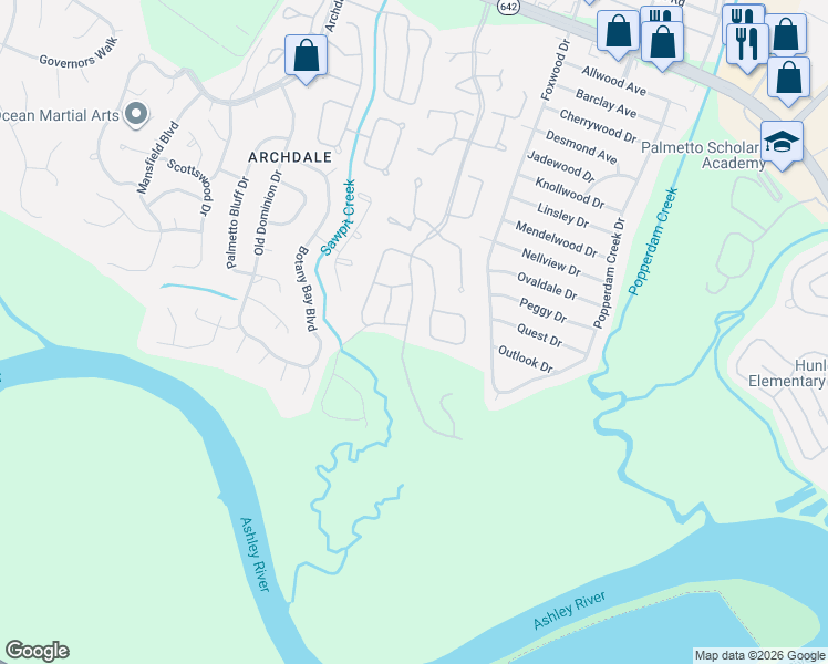map of restaurants, bars, coffee shops, grocery stores, and more near 7857 Montview Road in North Charleston
