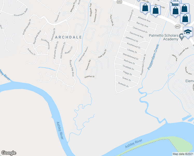 map of restaurants, bars, coffee shops, grocery stores, and more near 7857 Montview Road in North Charleston