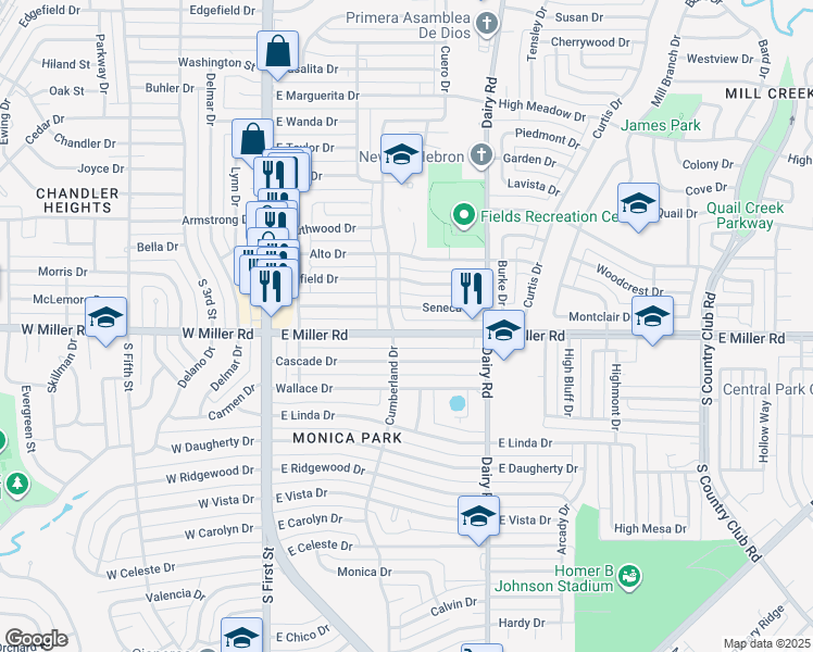 map of restaurants, bars, coffee shops, grocery stores, and more near 510 Seneca Drive in Garland