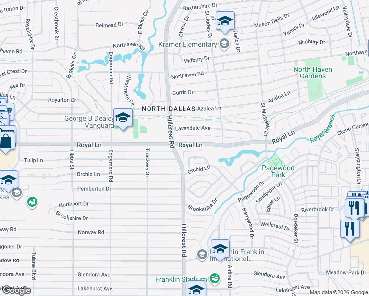 map of restaurants, bars, coffee shops, grocery stores, and more near 6947 Royal Lane in Dallas