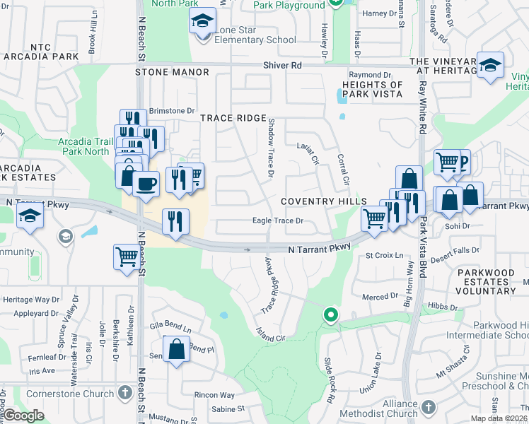 map of restaurants, bars, coffee shops, grocery stores, and more near 8600 Olympia Trace Circle in Fort Worth