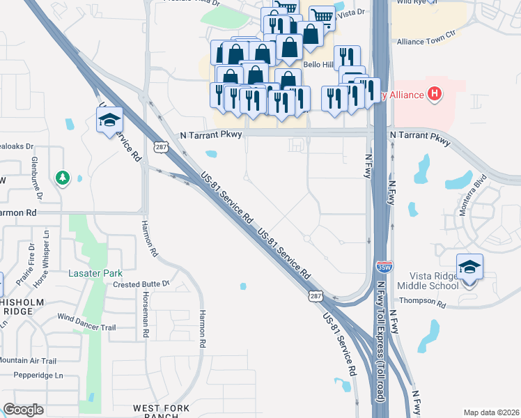 map of restaurants, bars, coffee shops, grocery stores, and more near U.S. 81 in Fort Worth