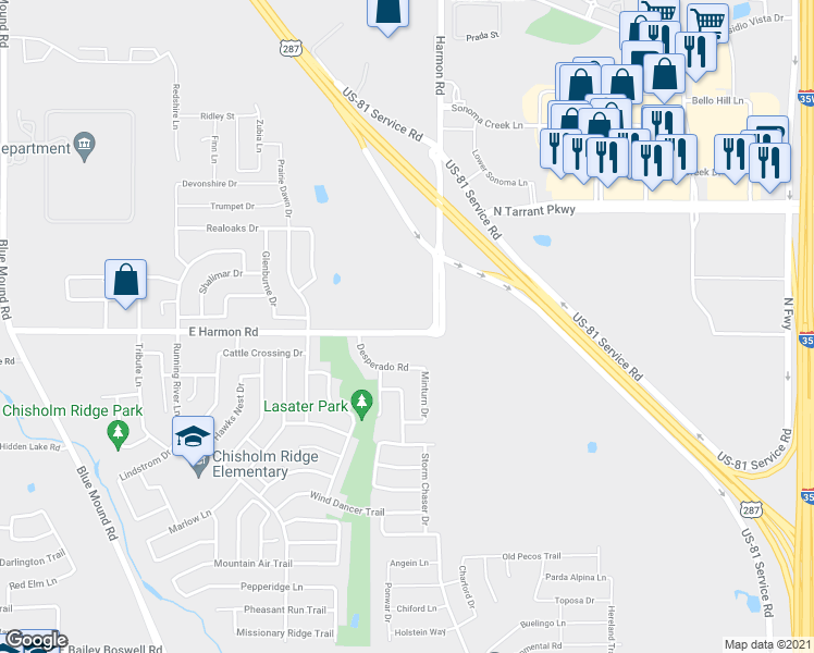 map of restaurants, bars, coffee shops, grocery stores, and more near 920 Harmon Road in Fort Worth