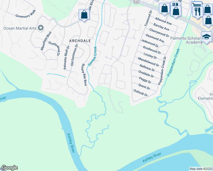 map of restaurants, bars, coffee shops, grocery stores, and more near 5205 Pomfret Street in North Charleston