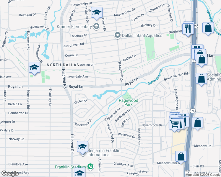 map of restaurants, bars, coffee shops, grocery stores, and more near 7147 Royal Lane in Dallas