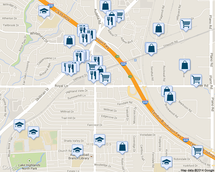 map of restaurants, bars, coffee shops, grocery stores, and more near 10075 Royal Lane in Dallas