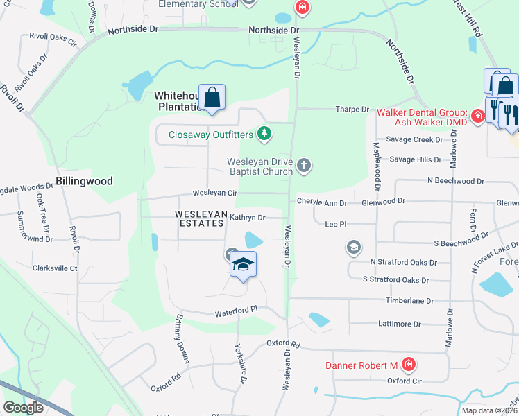 map of restaurants, bars, coffee shops, grocery stores, and more near 4951 Kathryn Drive in Macon