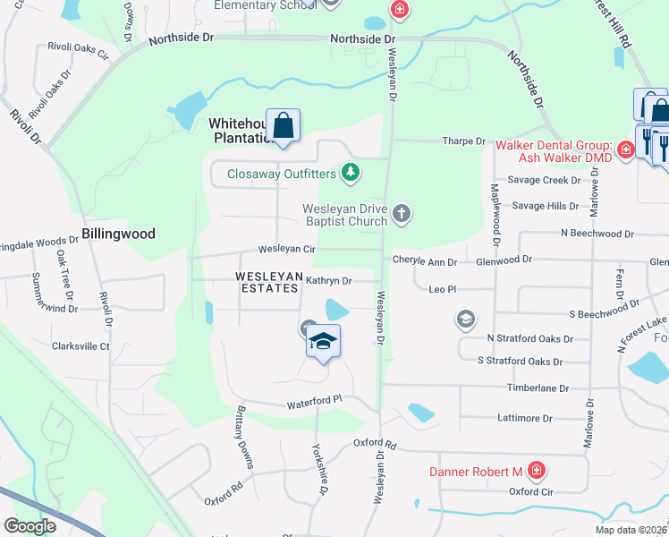 map of restaurants, bars, coffee shops, grocery stores, and more near 4951 Kathryn Dr in Macon