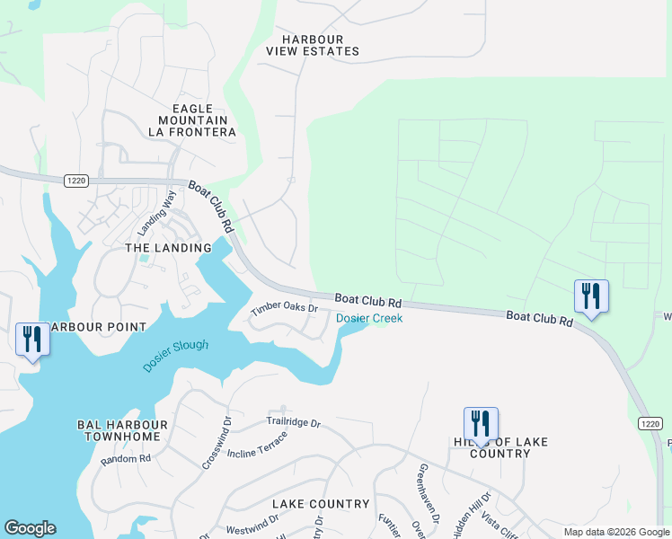 map of restaurants, bars, coffee shops, grocery stores, and more near 9270 Boat Club Road in Fort Worth