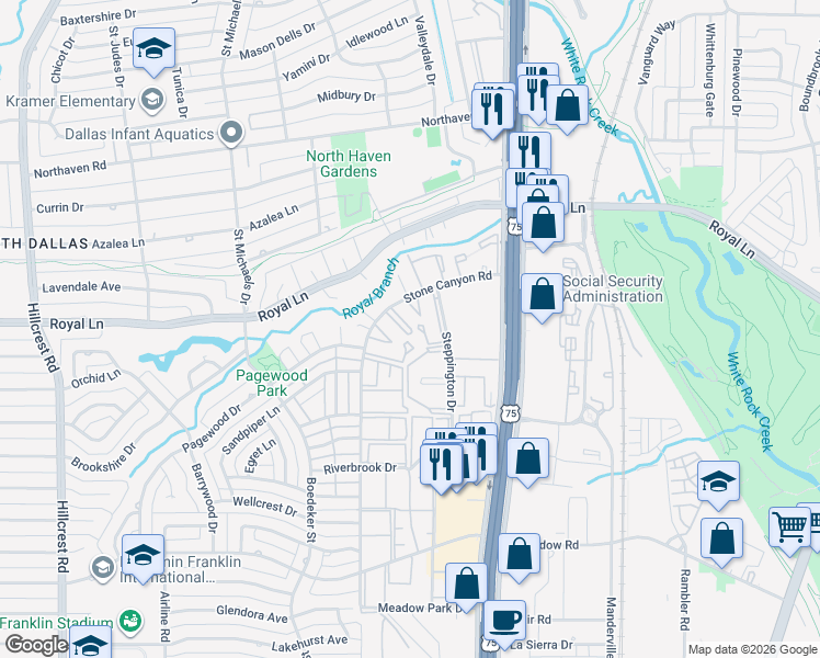 map of restaurants, bars, coffee shops, grocery stores, and more near 10830 Stone Canyon Road in Dallas