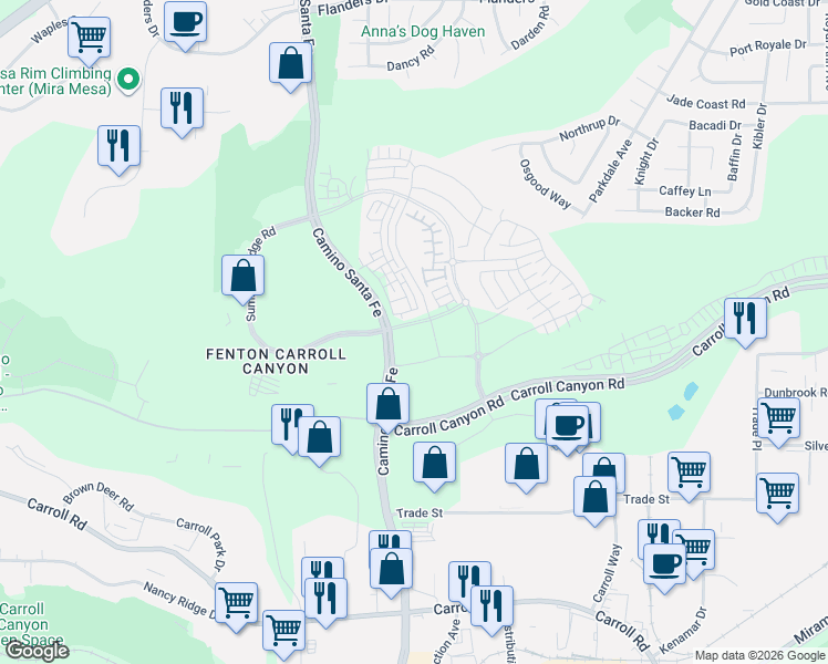 map of restaurants, bars, coffee shops, grocery stores, and more near 7251 Naval Way in San Diego