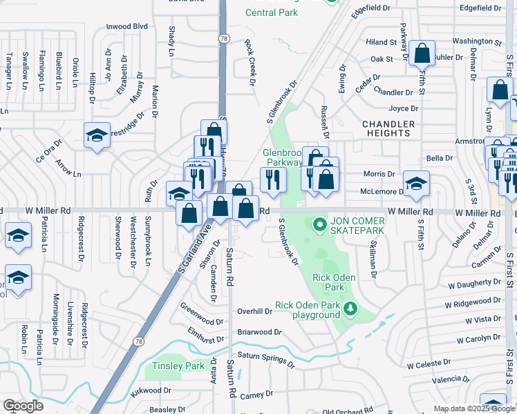 map of restaurants, bars, coffee shops, grocery stores, and more near 1221 West Miller Road in Garland