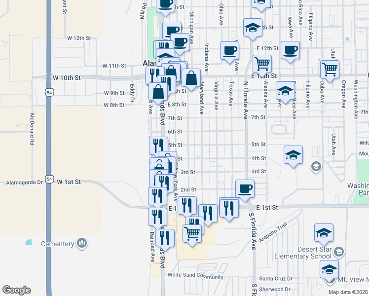 map of restaurants, bars, coffee shops, grocery stores, and more near 505 Delaware Avenue in Alamogordo
