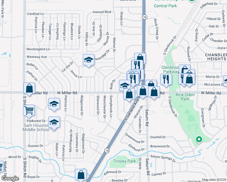 map of restaurants, bars, coffee shops, grocery stores, and more near 1921 Landa Drive in Garland