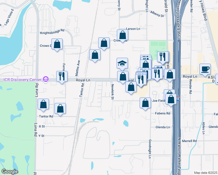 map of restaurants, bars, coffee shops, grocery stores, and more near 11341 Newkirk Street in Dallas