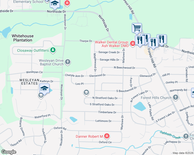 map of restaurants, bars, coffee shops, grocery stores, and more near 4694 Glenwood Drive in Macon