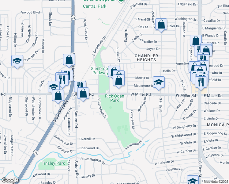 map of restaurants, bars, coffee shops, grocery stores, and more near 1998 Edgefield Drive in Garland