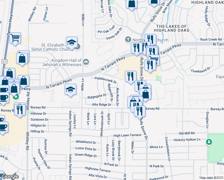 map of restaurants, bars, coffee shops, grocery stores, and more near 2110 Ridgecliff Drive in Keller