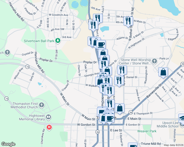 map of restaurants, bars, coffee shops, grocery stores, and more near 608 Nottingham Street in Thomaston