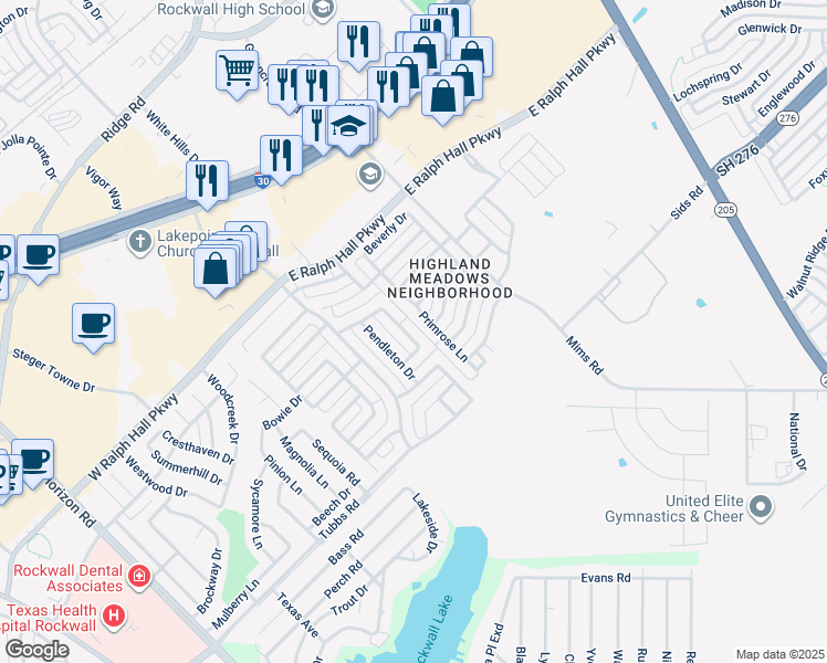 map of restaurants, bars, coffee shops, grocery stores, and more near 608 Norwood Drive in Rockwall