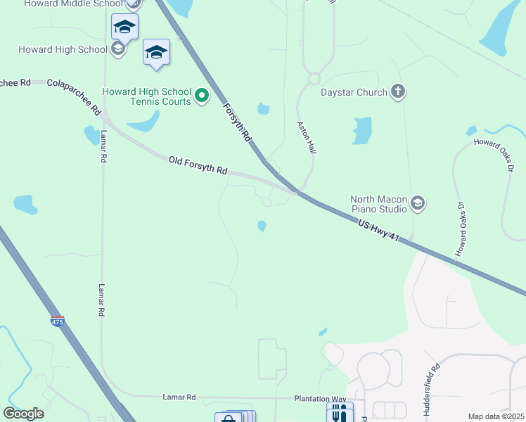 map of restaurants, bars, coffee shops, grocery stores, and more near 6220 Old Forsyth Road in Macon