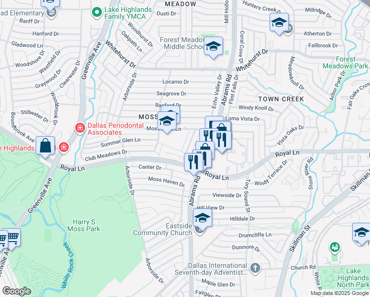 map of restaurants, bars, coffee shops, grocery stores, and more near 8421 Stable Glen Drive in Dallas