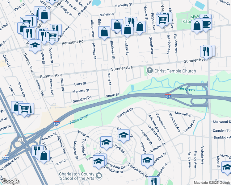 map of restaurants, bars, coffee shops, grocery stores, and more near 5422 Pennsylvania Avenue in North Charleston