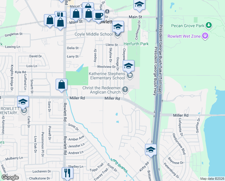 map of restaurants, bars, coffee shops, grocery stores, and more near 3702 Skyline Drive in Rowlett