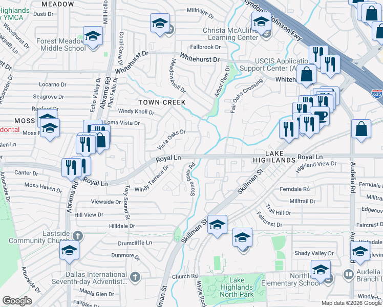 map of restaurants, bars, coffee shops, grocery stores, and more near 8705 Autumn Oaks Drive in Dallas
