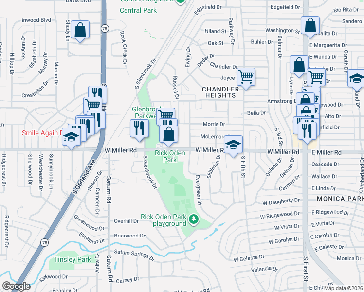map of restaurants, bars, coffee shops, grocery stores, and more near 815 West Miller Road in Garland