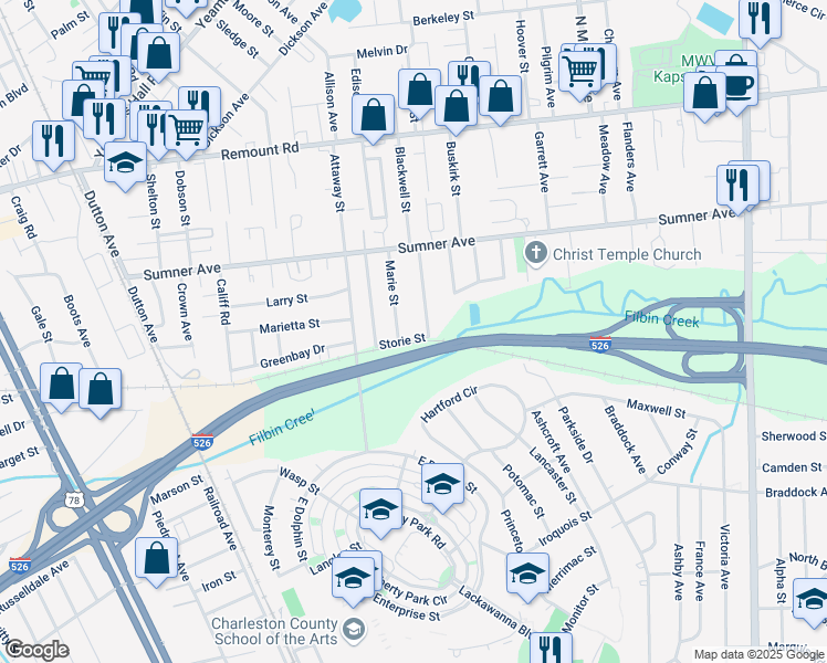 map of restaurants, bars, coffee shops, grocery stores, and more near 5422 Pennsylvania Avenue in North Charleston
