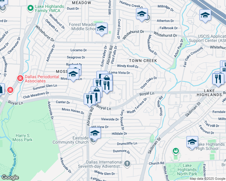 map of restaurants, bars, coffee shops, grocery stores, and more near 9505 Royal Lane in Dallas