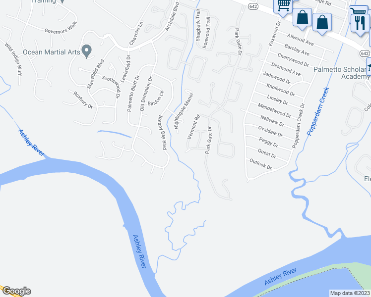 map of restaurants, bars, coffee shops, grocery stores, and more near 8089 Vermont Road in North Charleston