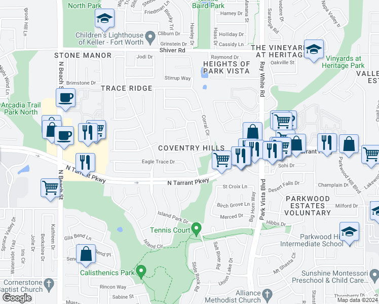 map of restaurants, bars, coffee shops, grocery stores, and more near 8551 Western Meadows Drive in Fort Worth