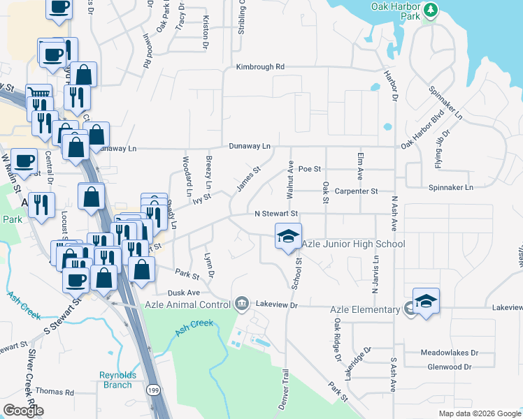 map of restaurants, bars, coffee shops, grocery stores, and more near 809 North Stewart Street in Azle
