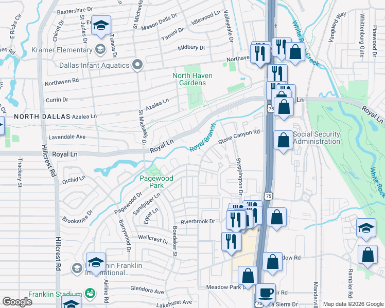 map of restaurants, bars, coffee shops, grocery stores, and more near 10825 Pagewood Place in Dallas