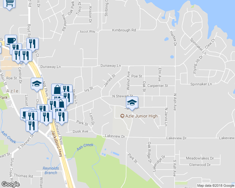 map of restaurants, bars, coffee shops, grocery stores, and more near 813 North Stewart Street in Azle