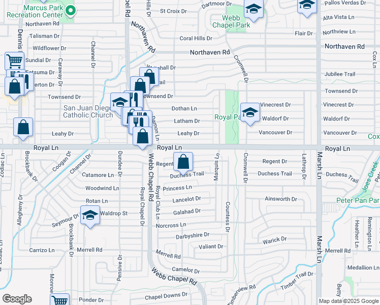map of restaurants, bars, coffee shops, grocery stores, and more near 3312 Royal Lane in Dallas