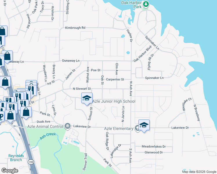 map of restaurants, bars, coffee shops, grocery stores, and more near 1009 North Stewart Street in Azle